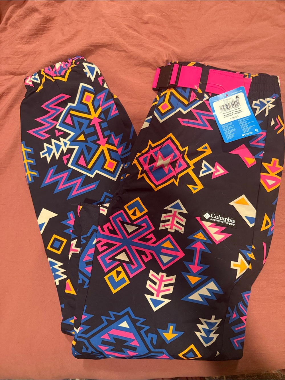 Columbia Black Geometric Print Kids Snow Pants with Pink Accents